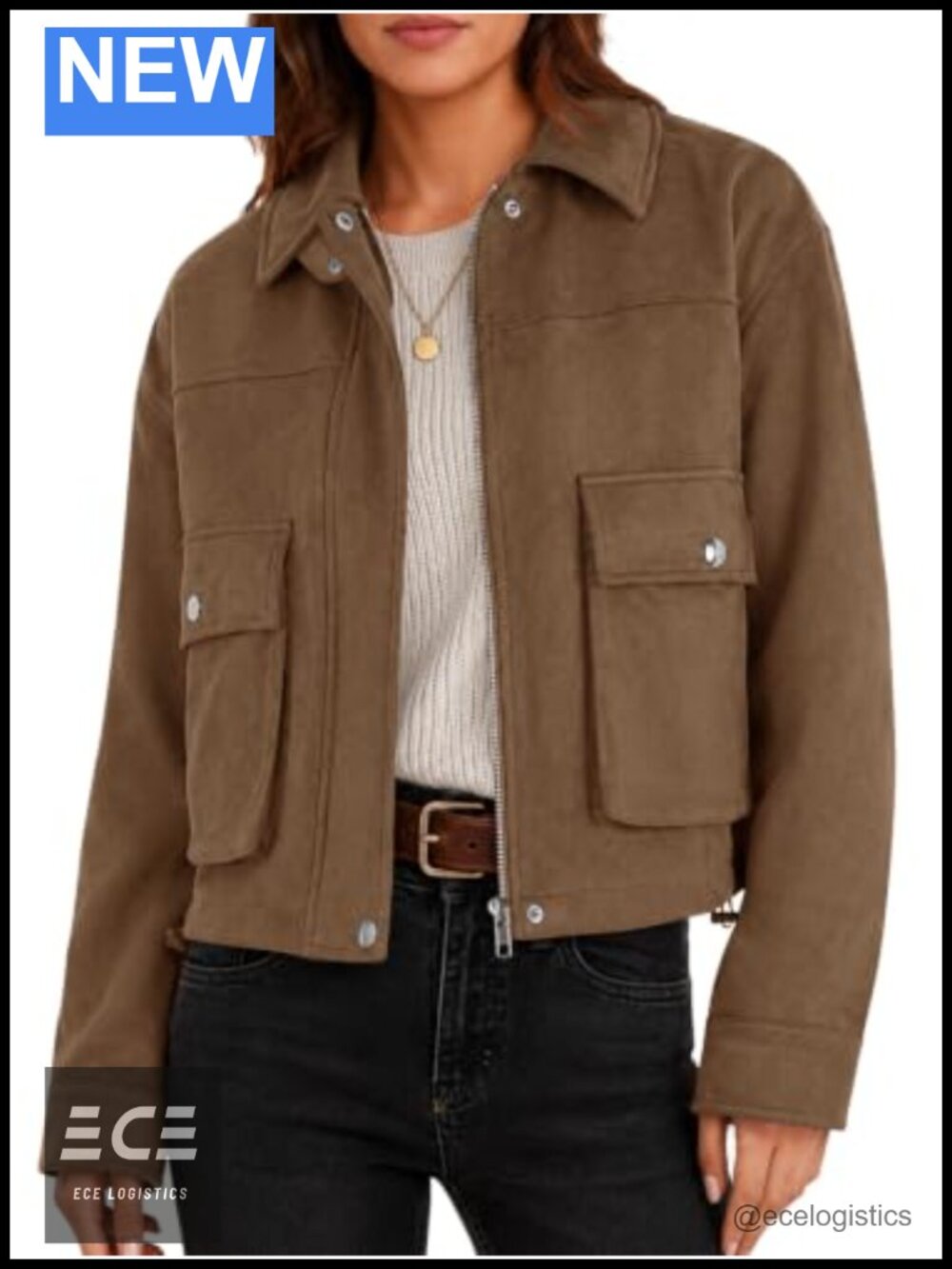 Faux Suede Bomber Jacket Cropped Zip Up Casual Coat